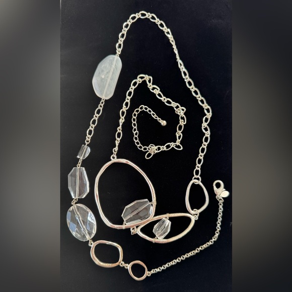 Chico’s Long Statement Silver Chain Necklace with Clear Beads - Picture 6 of 7